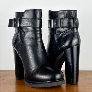 Nine West Sherbert Stacked Heel Black Leather Buckle Side Zip Ankle Boots